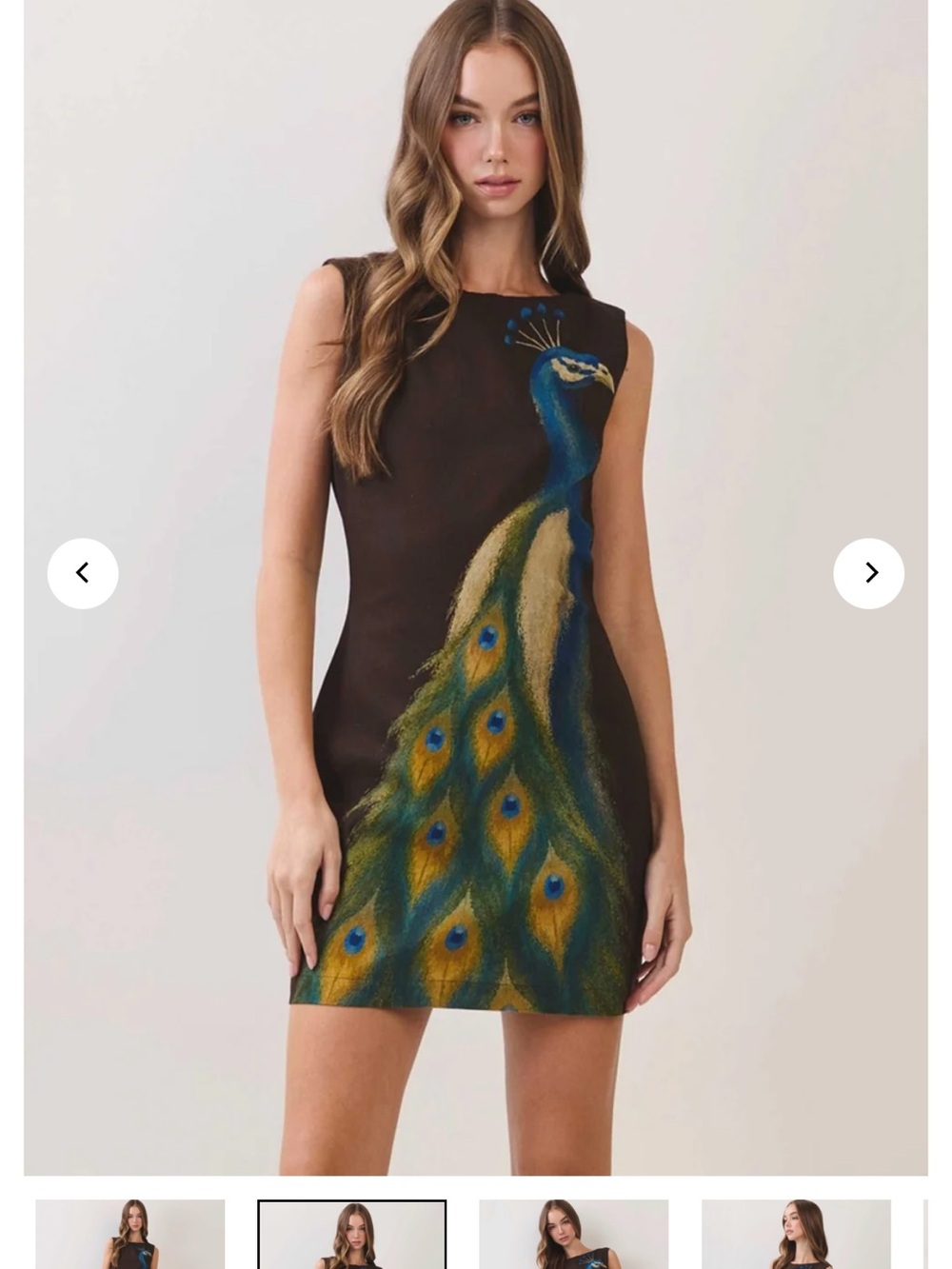 Sleeveless Brown Dress with Peacock Print